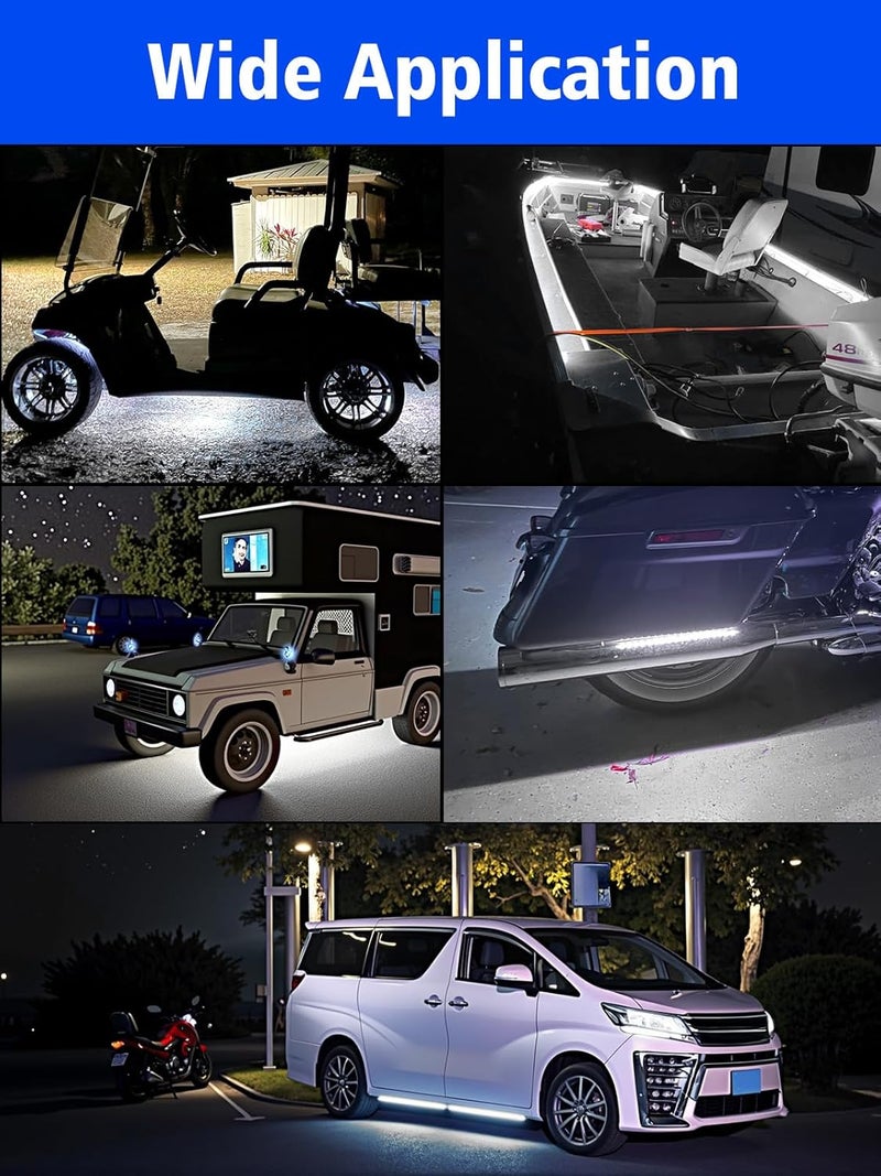 YM EBright 4Pcs Led Strip Lights for Car, 12inch Waterproof IP68 Car Underglow Strip Lights Decoration 18SMD 12V Led Interior Exterior Lights Strip for Cars Motorcycles Truck Golf Cart Boat - White - Image 5